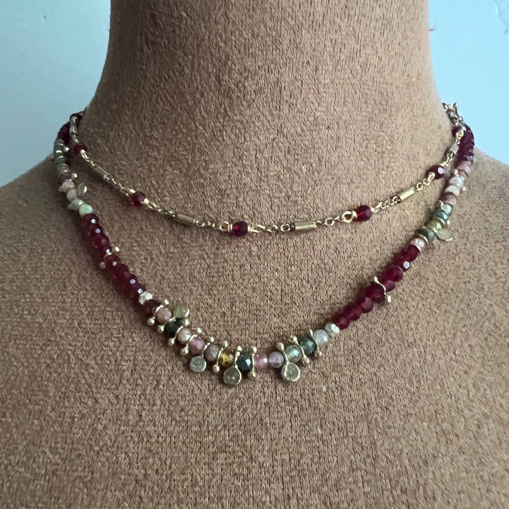 Nakamol Beaded Layered Necklace Gold Tone Red Stone 14-16" Cottagecore